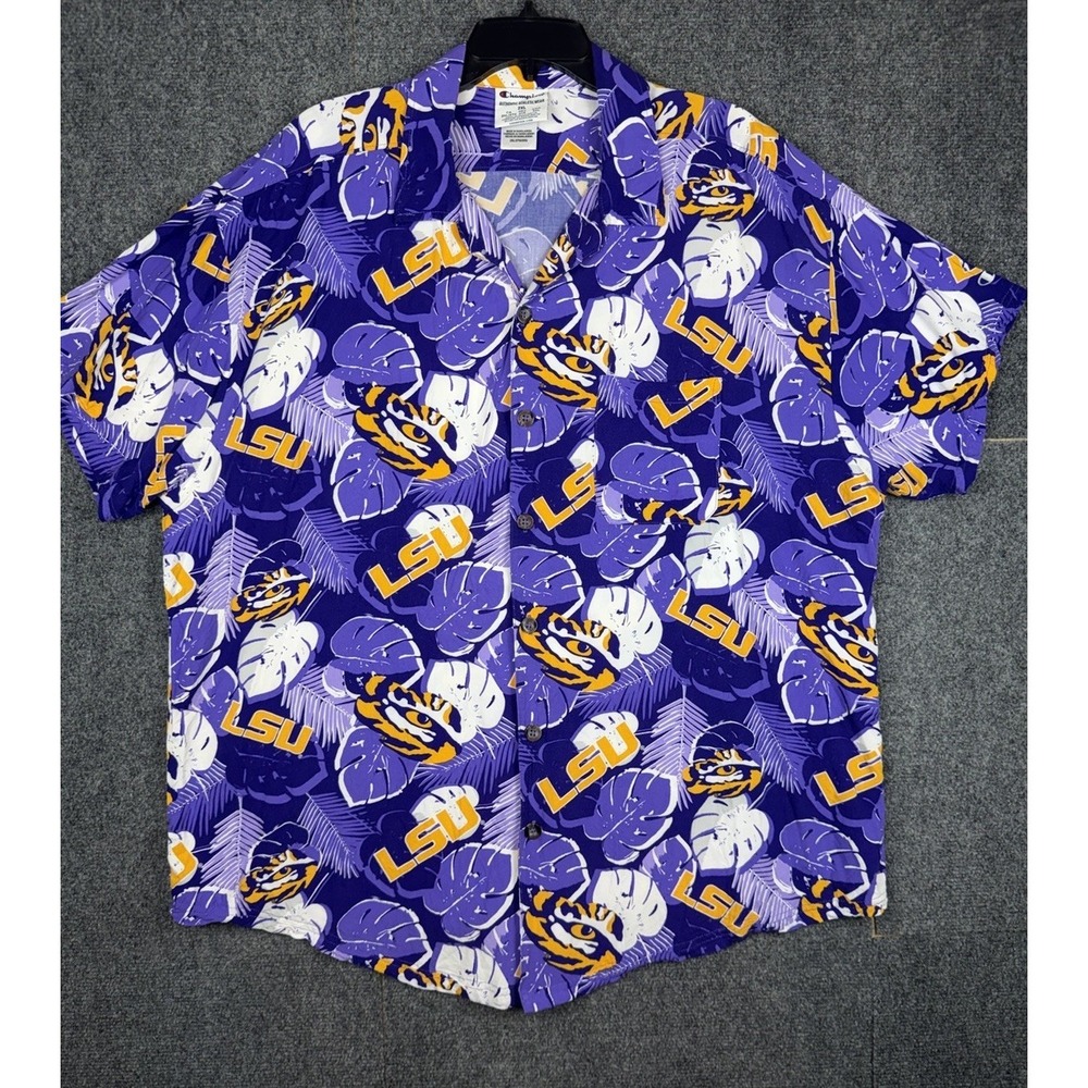 Champion LSU Tigers Football Shirt Button Up Hawaiian AOP Viscose Men 2XL